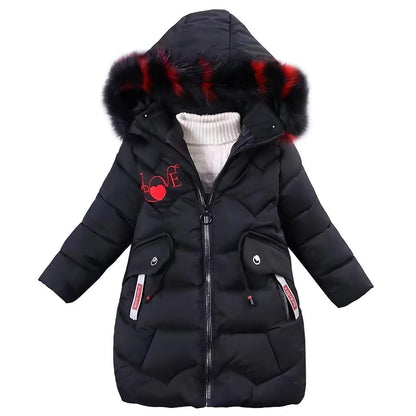 Girls' Winter Jacket Children's Winter Coat Thick Quilted Jacket Long Warm Parka Cotton Jacket Outdoor Coat with Fur Hood and Love Embroidery Print
