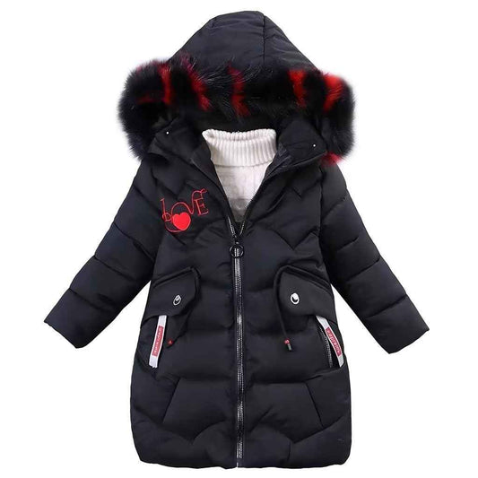 linboo Girls' Winter Jacket Children's Winter Coat Thick Quilted Jacket Long Warm Parka Cotton Jacket Outdoor Coat with Fur Hood and Love Embroidery Print