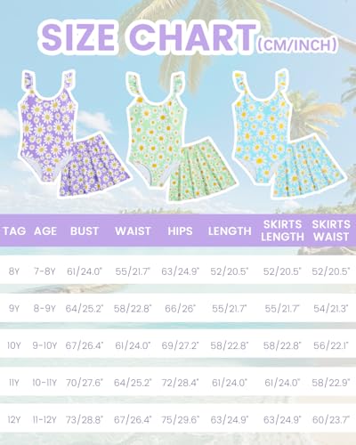 JiAmy Mädchen EIN Stück Badeanzug mit Rüschenrock Sommer Strand Badeanzug Daisy Floral Mädchen Bademode für 8-12 Jahre (120-160cm)