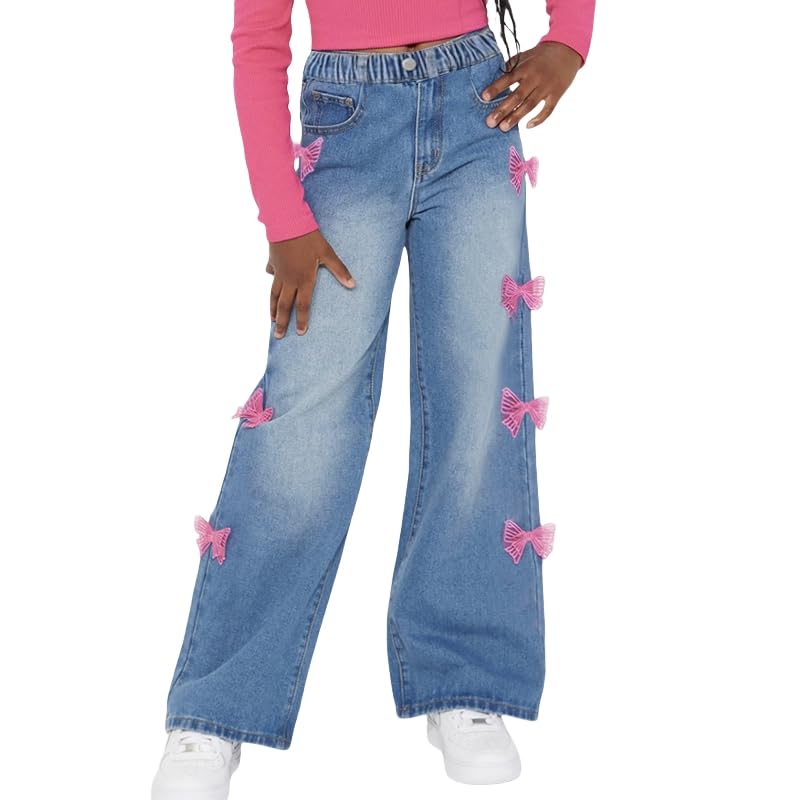 Rolanko Girls' Jeans Trousers with Hole, Denim Blue Jeans, Vintage Trousers With Wide Leg for Children