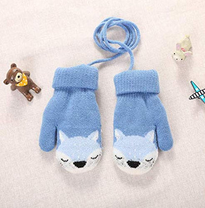 Kids Winter Gloves Mittens Baby Cartoon Mitten Neck Gloves Thick Double Knitted Glove with Plush,0 - 3 years old, Playing, Running, Skiing