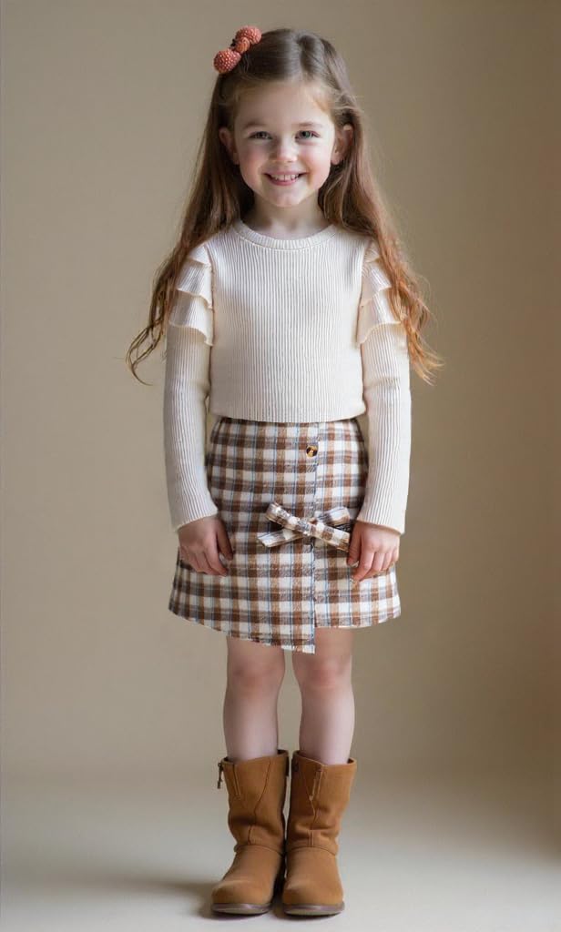 Baby Kinder Mädchen Kleidung Set Rüschen gerippt Langarm Top Fliege Checked Rock 2 Stück Frühling Herbst Kleinkind Outfits Set