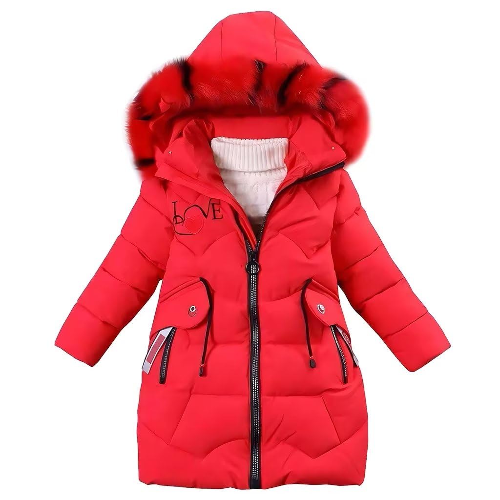 Girls' Winter Jacket Children's Winter Coat Thick Quilted Jacket Long Warm Parka Cotton Jacket Outdoor Coat with Fur Hood and Love Embroidery Print