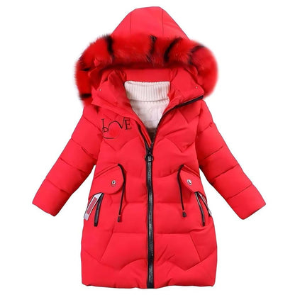 Girls' Winter Jacket Children's Winter Coat Thick Quilted Jacket Long Warm Parka Cotton Jacket Outdoor Coat with Fur Hood and Love Embroidery Print