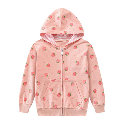 CM-Kid Zip Up Hoodie Mädchen Kapuzenpullover Reißverschluss Sweatshirts Hoody Baumwolle Kinder Erdbeere Langarm Kapuzenjacke Warm 1-7 Jahre 92-122