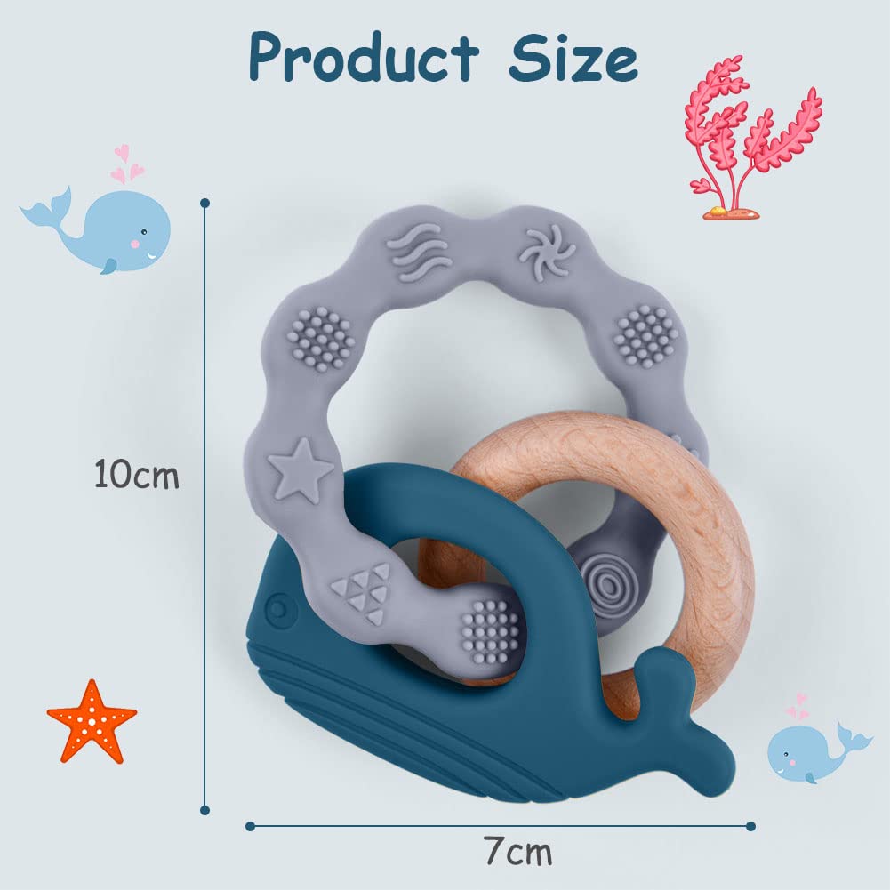 Vicloon Beißring für Babys, Beißring Spielzeug aus Silikon und Holzringe, Baby Zahnungshilfe BPA-frei, Schmerzlindernde Zahnen Nursing Zubehör für ab 3 Monaten Babys(Wal Blau)