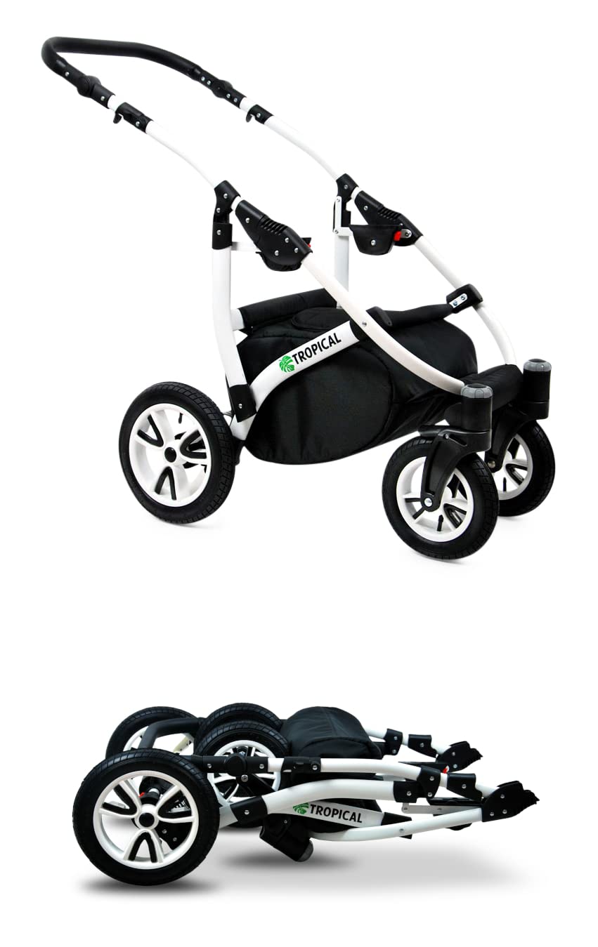 BabyLux® Bambimo Pushchair Set 3 in 1 - Tropical - incl. Baby Carrycot, Buggy Sports Seat, Car Seat - Pram Set - Combination Pram with Changing Bag, Rain Cover etc.