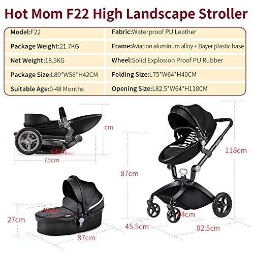 Hot Mom Kinderwagen 3in1 Set Klassik Kombikinderwagen, Modell F22 mit Alu-Rahmen/Vollgummireifen (Schwarz)