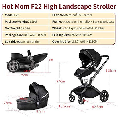 Hot Mom Kinderwagen 3in1 Set Klassik Kombikinderwagen, Modell F22 mit Alu-Rahmen/Vollgummireifen (Schwarz)