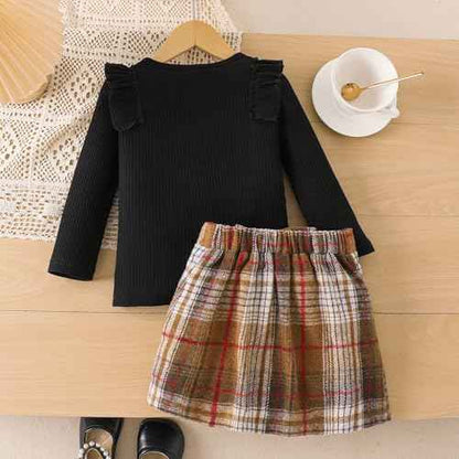 Baby Kids Girls Clothing Set Ruffle Ribbed Long Sleeve Top Bow Tie Checked Skirt 2 Pieces Spring Autumn Toddler Outfits Set