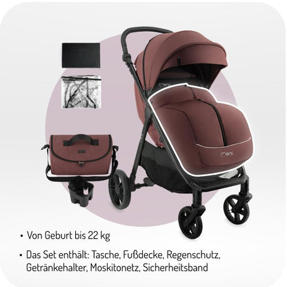 MoMi Kinderbuggy CLARA, Kinderwagen ab dem 6. Lebensmonat, bis 22 kg Körpergewicht, 5-Punkt-Sicherheitsgurt, Fußsack, Getränkehalter, Einkaufskorb, Wickeltasche, Insekten- und Regenschutz
