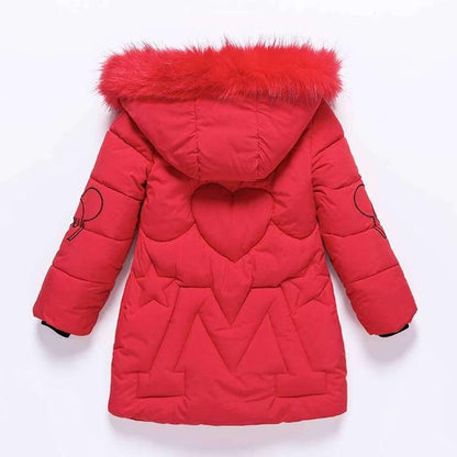 linboo Girls' Winter Jacket with Removable Fur Hood Warm Long Coat Children's Parka Outdoor Jacket with Letters and Cute Patterns
