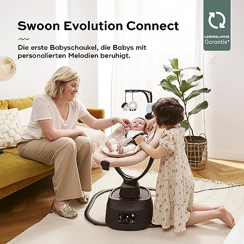 Babymoov Baby Swing Swoon Evolution Curl White - Electric Baby Rocker with 8 Rocking Movements, 360° Rotating Seat, 12 Melodies 