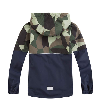 LAUSONS Children's Lined Rain Jacket Boys Camouflage Waterproof Jacket Lightweight Transition Jacket with Removable Hood 
