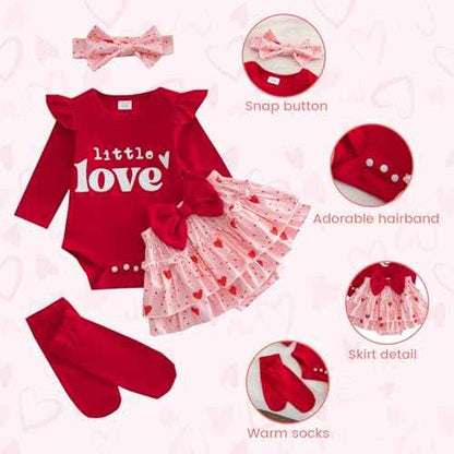 DivingBirds Baby Mädchen Outfit Rüschen Langarm My 1. Valentinstag Osterhase Strampler + Tutu Rock + Strümpfe mit Stirnband Babykleidung Set Neugeborene Fotoshooting Kleid für 0-18 Monate