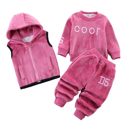 Odziezet Toddler Warm Outfit Children's Hooded Sleeveless Vest Suit Baby Winter Three Piece Outfits Child Long Sleeve Sweatshirt Trousers Sets Babies Cartoon Bear Clothing 0-4 Years