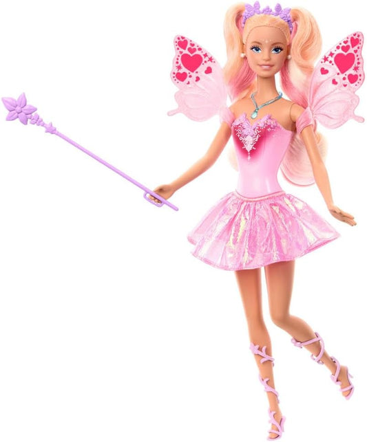 Mattel Barbie-Puppe Fee mit Spielzeugzauberstab und Mode-Accessoires, Fantasiethema mit Farbwechsel bei Flügeln und Outfit, JCP76, [Mehrfarbig]