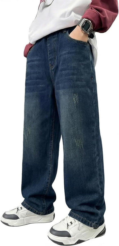 Baggy Jeans Jungen Weites Bein Gummibund Denim Jeanshosen Gr.120-170 | Baumwolle Lässige kinder Jeans Jungen Elastischer Freizeithose für 5-14 Jahren