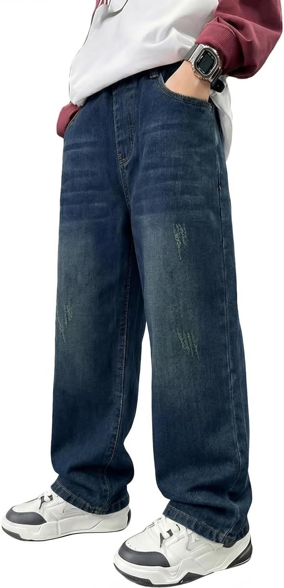 Baggy Jeans Jungen Weites Bein Gummibund Denim Jeanshosen Gr.120-170 | Baumwolle Lässige kinder Jeans Jungen Elastischer Freizeithose für 5-14 Jahren