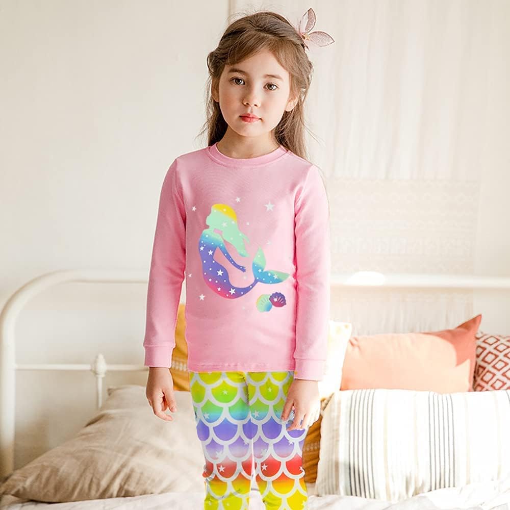 EULLA Kinder Schlafanzüge Mädchen Langarm Winter Pyjama Set Baumwolle Meerjungfrau Einhorn Prinzessin Katze Dino Zweiteilig Nachtwäsche 92 98 104 110 116 122