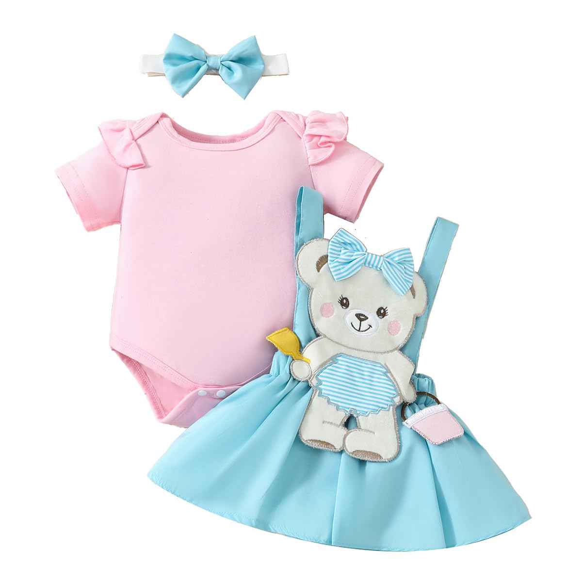 Neugeborenes Baby Mädchen Röcke Sets Kurzarm Rüschen Top + Bedrucktes Overalls Hosenträger Kleid + Stirnband Sommer Kleidung Outfits Set
