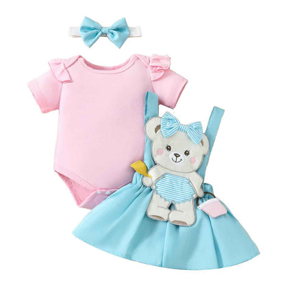 Neugeborenes Baby Mädchen Röcke Sets Kurzarm Rüschen Top + Bedrucktes Overalls Hosenträger Kleid + Stirnband Sommer Kleidung Outfits Set