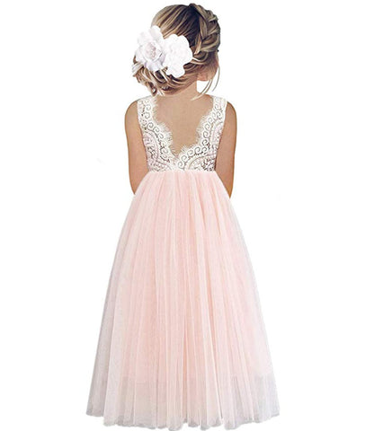 Beganly Mädchen Festtagskleider Spitze V-Rücken Kleid ärmellos Flauschig Tüll Prinzessin Partykleid Blumenmädchen Kleider