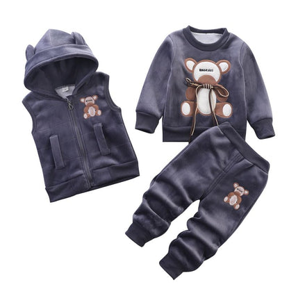 Odziezet Toddler Warm Outfit Children's Hooded Sleeveless Vest Suit Baby Winter Three Piece Outfits Child Long Sleeve Sweatshirt Trousers Sets Babies Cartoon Bear Clothing 0-4 Years