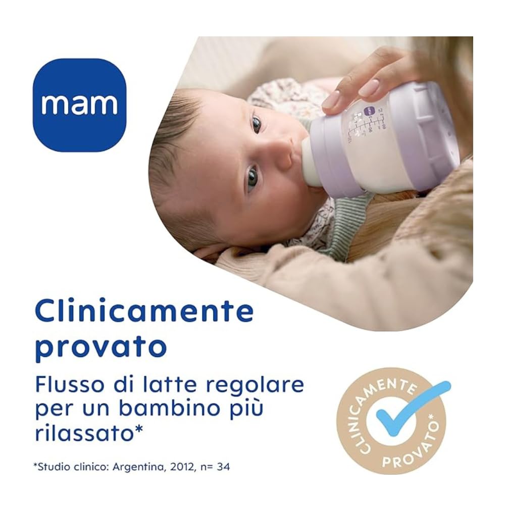 MAM Easy Start Anti-Kolik-Fläschchen, Set mit 2 Babyflaschen für Babys von 2-4 Monaten, 260 ml mit Sauger Fluss 2 für 2+ Monate, aus SkinSoft Silikon, bio-rund, lila