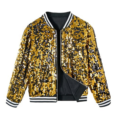LOLANTA Girls Sequin Bomber Jacket with Pockets Zipper Long Sleeve Glitter Baseball Jackets for Kids 4-13 Years 