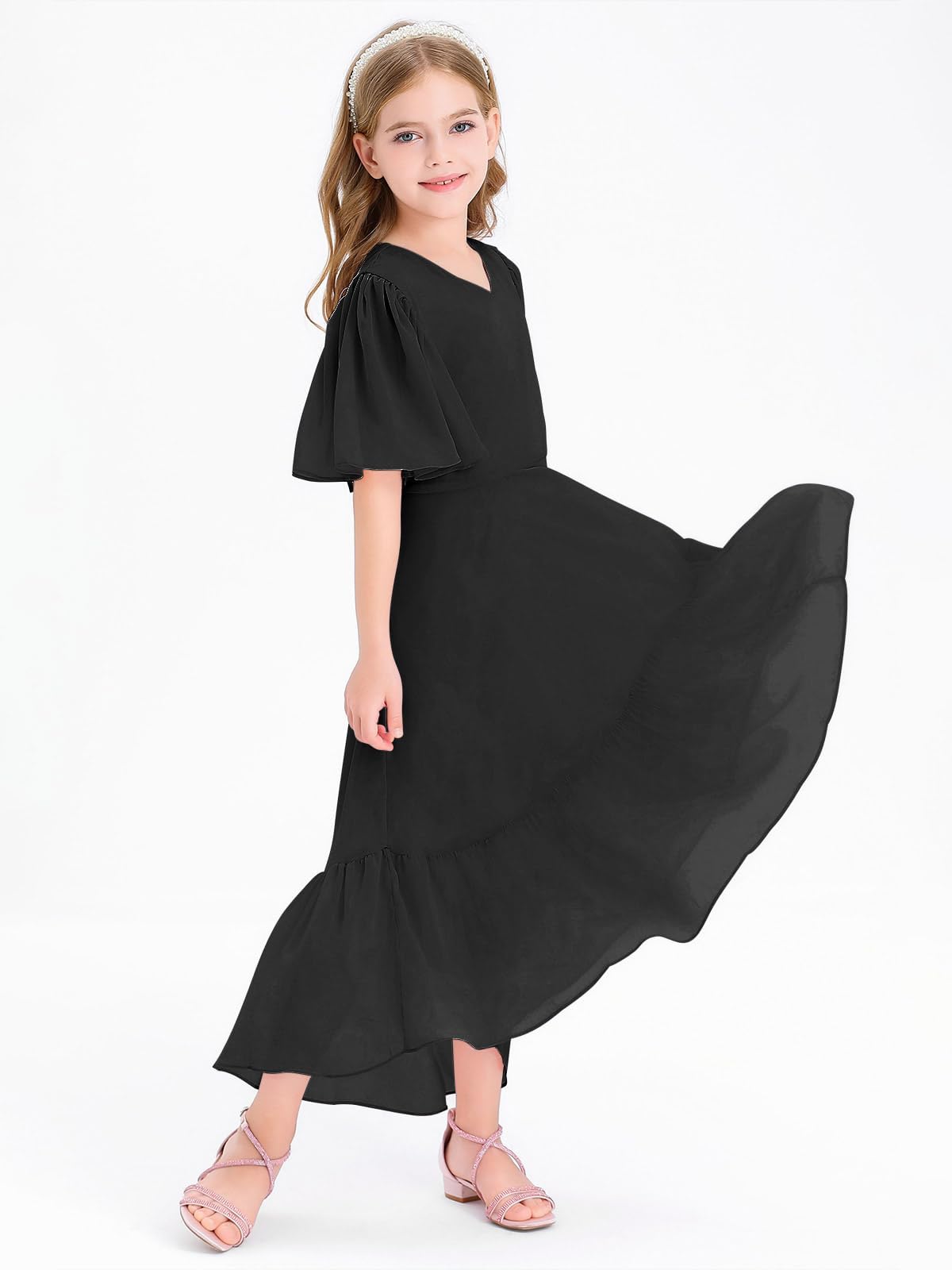 Haloumoning Mädchen Sommerkleid V-Ausschnitt Rüschenkleider Casual A Line Kleid Flowy Hoch Niedrig Lang Partykleid Elegant Langes Abendkleid