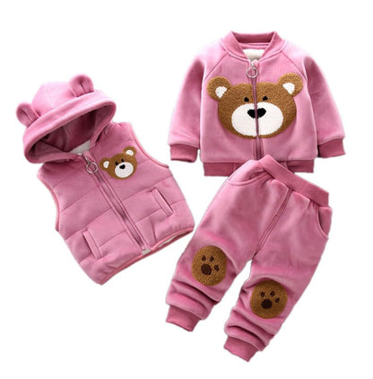 Odziezet Toddler Warm Outfit Children's Hooded Sleeveless Vest Suit Baby Winter Three Piece Outfits Child Long Sleeve Sweatshirt Trousers Sets Babies Cartoon Bear Clothing 0-4 Years