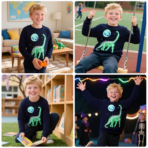 FILOWA Sweatshirt Kinder Junge Leuchtet im Dunkeln Dinosaurier Sweatshirt Astronauten Drucken Pullover Sport Marineblau Langarm Warm Baumwolle Top Jogging Sweatshirt 2-7 Jahre,Gr.92-122