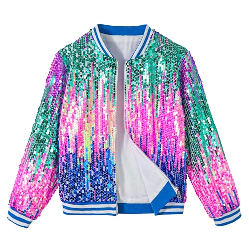 LOLANTA Girls Sequin Bomber Jacket with Pockets Zipper Long Sleeve Glitter Baseball Jackets for Kids 4-13 Years 