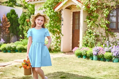 GRACE KARIN Girls Summer Dress Ruffle Short Sleeve Casual A-Line Princess Dress with Pockets Wedding Flower Girl Dresses 