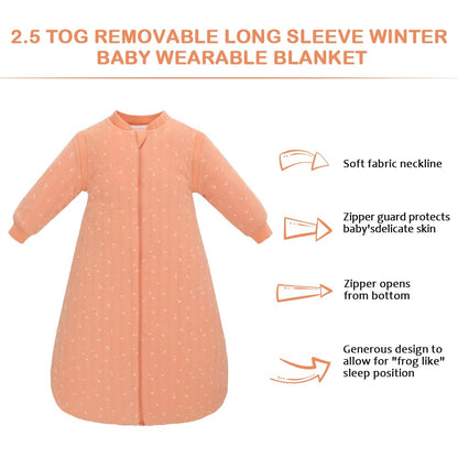 amo nenes Baby Sleeping Bag 2.5 TOG, Baby Autumn Winter Long Sleeve Sleeping Bag, 100% Cotton, Removable Sleeves, Length 72 cm, 0-6 Months (Blue)