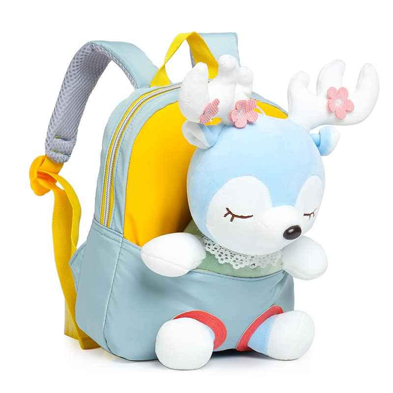 MIDSuN Small Children's Backpack, Removable Plush Doll, Nursery Backpack, Deer Nursery Backpack, Children's Bag for 2-5 Years, Nursery Boys and Girls