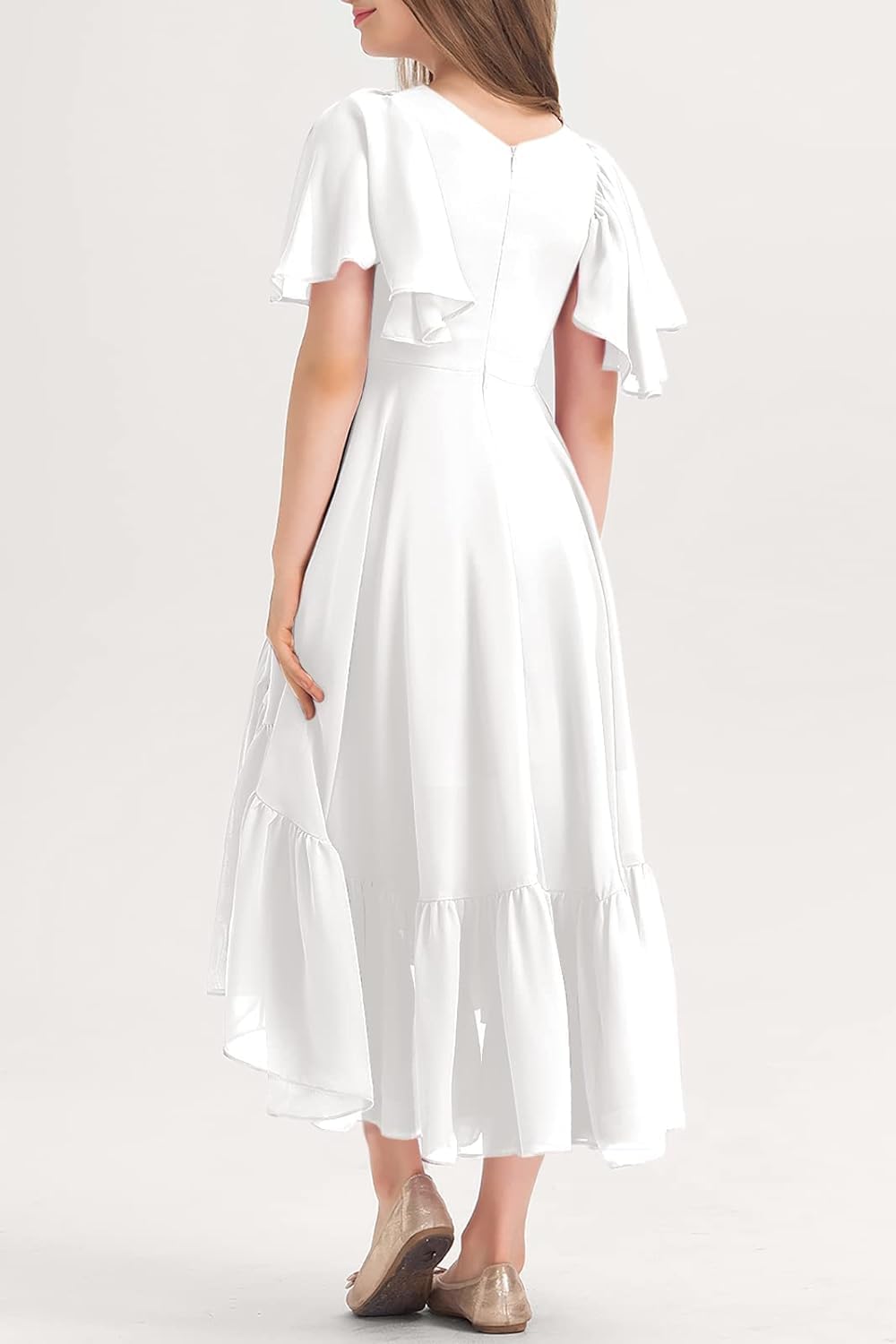Haloumoning Mädchen Sommerkleid V-Ausschnitt Rüschenkleider Casual A Line Kleid Flowy Hoch Niedrig Lang Partykleid Elegant Langes Abendkleid