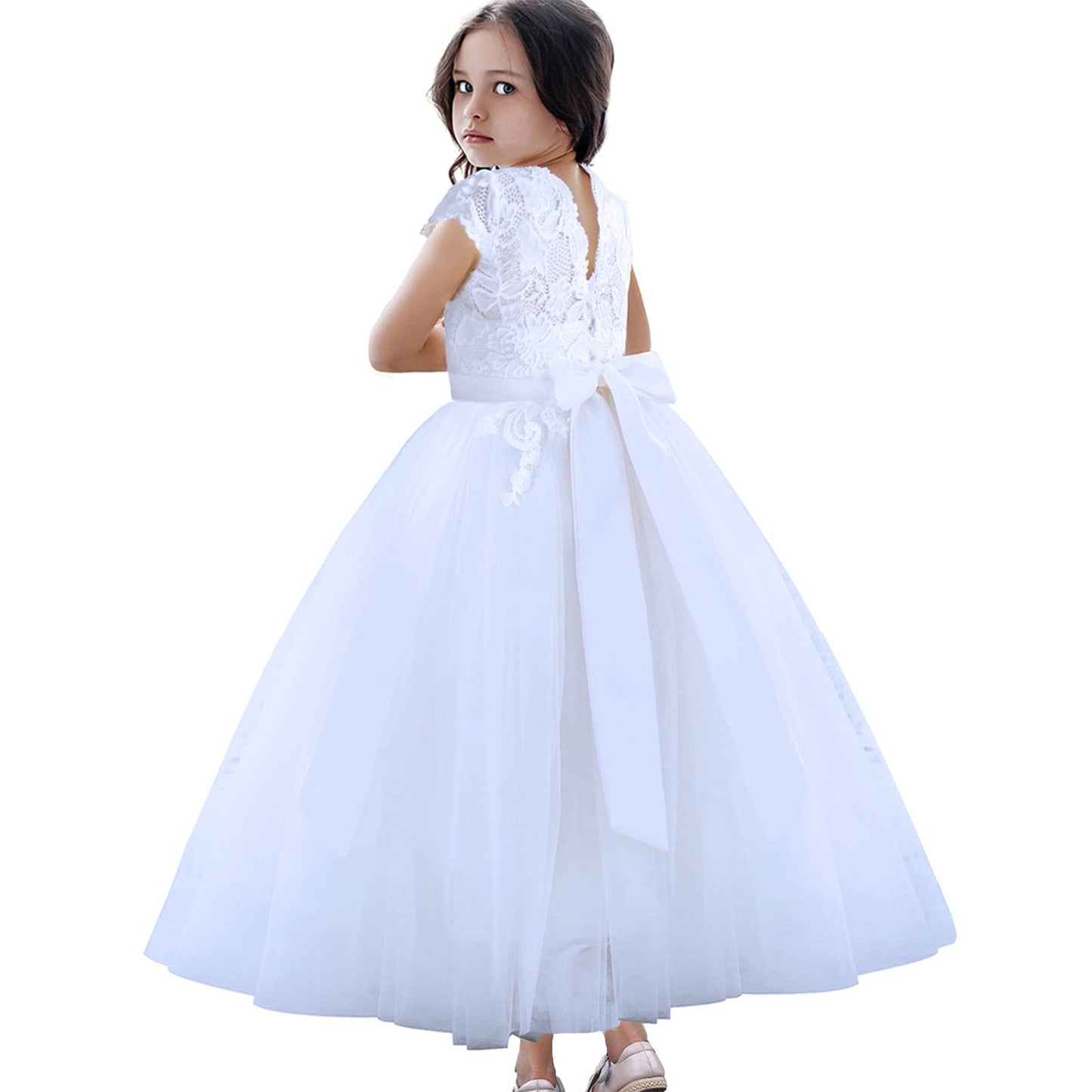 TYHTYM Blumenmädchen Kleid, Festzug, Hochzeit, Spitzenkleid, Abschlussballkleid, Mädchen, Partykleid, Flattern Ärmel, Weiß