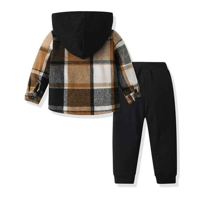 Yanmucy Toddler Baby Boys Clothing Outfit 2 Pieces Cotton Plaid Boy Hoodies Shirt Tops Trousers Set Small Boys Suit Kids Tracksuit Spring Autumn Clothing Set