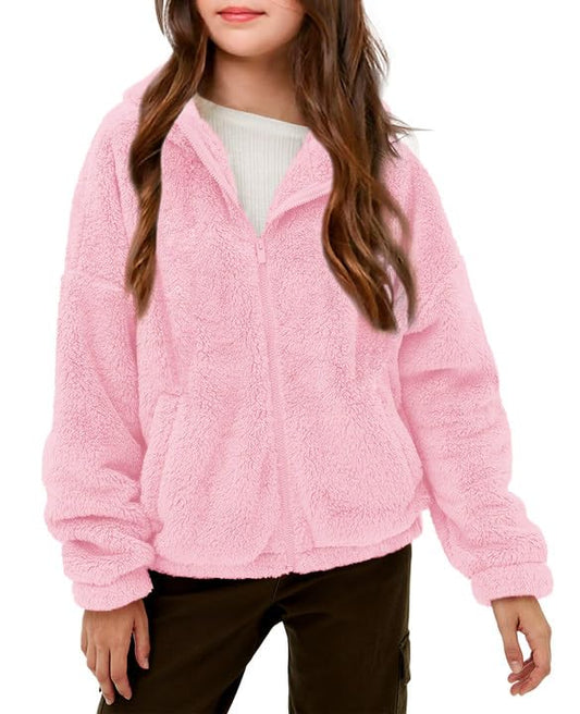 Haloumoning Girls' Fleece Jackets Kids Soft Fuzzy Hoodie Winter Coat Jacket 
