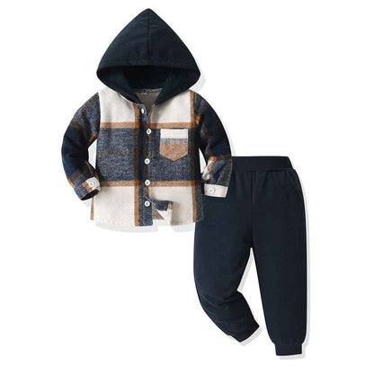 Yanmucy Toddler Baby Boys Clothing Outfit 2 Pieces Cotton Plaid Boy Hoodies Shirt Tops Trousers Set Small Boys Suit Kids Tracksuit Spring Autumn Clothing Set