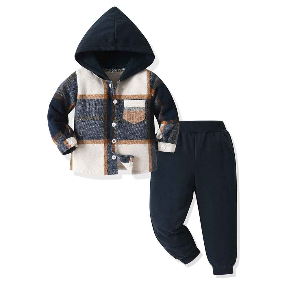 Yanmucy Toddler Baby Boys Clothing Outfit 2 Pieces Cotton Plaid Boy Hoodies Shirt Tops Trousers Set Small Boys Suit Kids Tracksuit Spring Autumn Clothing Set