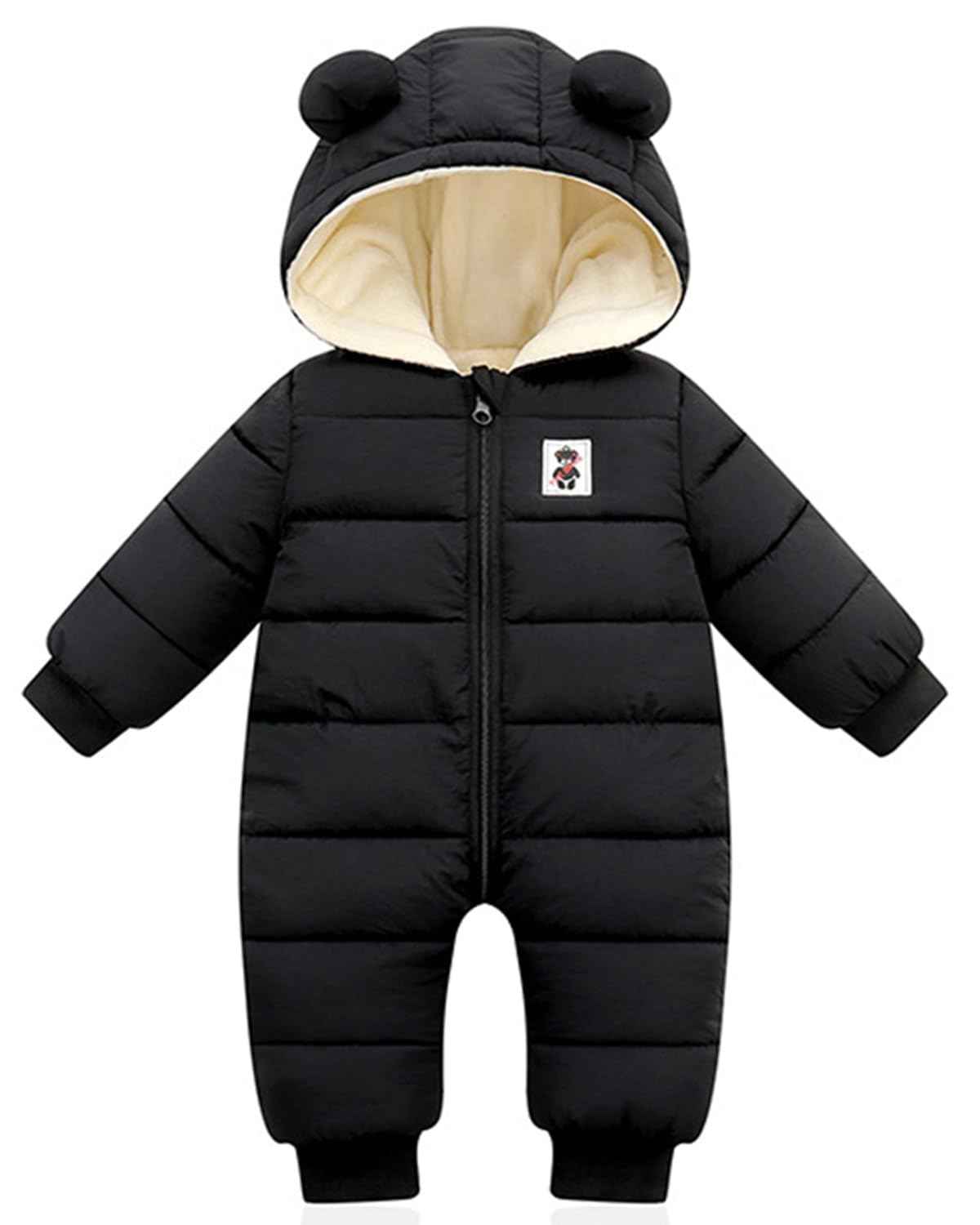 Minizone Baby Winter Jumpsuit with Hood, Romper Snowsuit Boys and Girls, Long-Sleeve Jumpsuit, Warm Outfits, Gift, 6-9 Months, 80 cm, Black