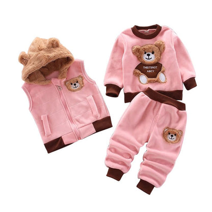 Odziezet Toddler Warm Outfit Children's Hooded Sleeveless Vest Suit Baby Winter Three Piece Outfits Child Long Sleeve Sweatshirt Trousers Sets Babies Cartoon Bear Clothing 0-4 Years