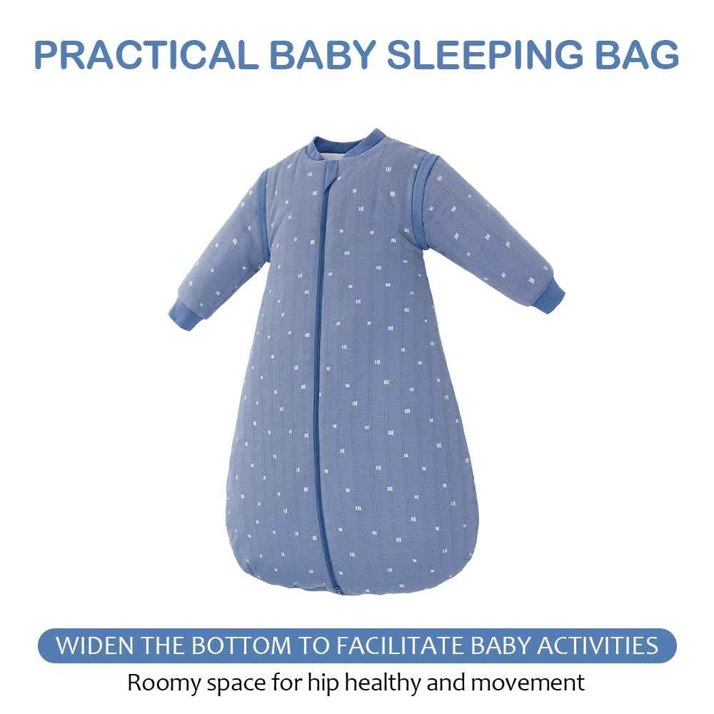 amo nenes Baby Sleeping Bag 2.5 TOG, Baby Autumn Winter Long Sleeve Sleeping Bag, 100% Cotton, Removable Sleeves, Length 72 cm, 0-6 Months (Blue)