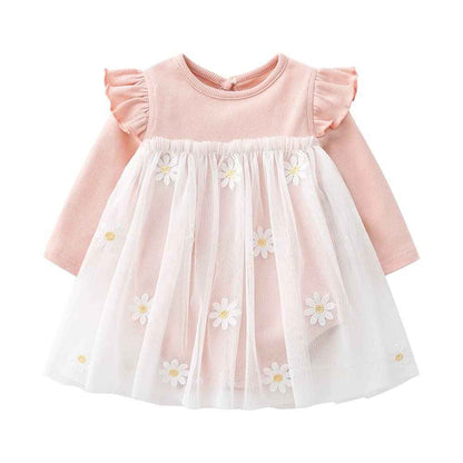 Toddler Baby Girl Clothing Set Long Sleeve Ruffle Daisy Printed Tulle Tutu Skirt One Piece Romper Dress Autumn Outfit
