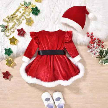 Odizli Baby Christmas Outfit Girls Autumn Winter Santa Velvet Romper Dress + Christmas Hat