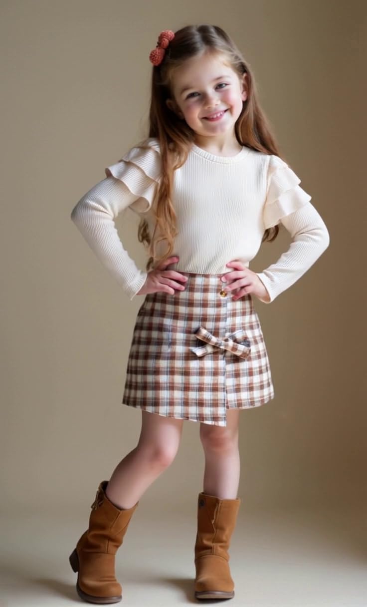 Baby Kinder Mädchen Kleidung Set Rüschen gerippt Langarm Top Fliege Checked Rock 2 Stück Frühling Herbst Kleinkind Outfits Set