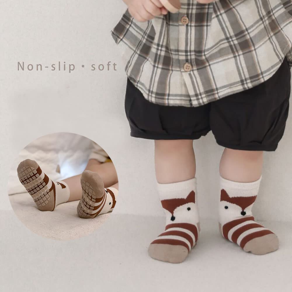 Pack of 5 Baby Toddler ABS Non-Slip Socks, Trainer Socks, Animal Motifs, Cotton